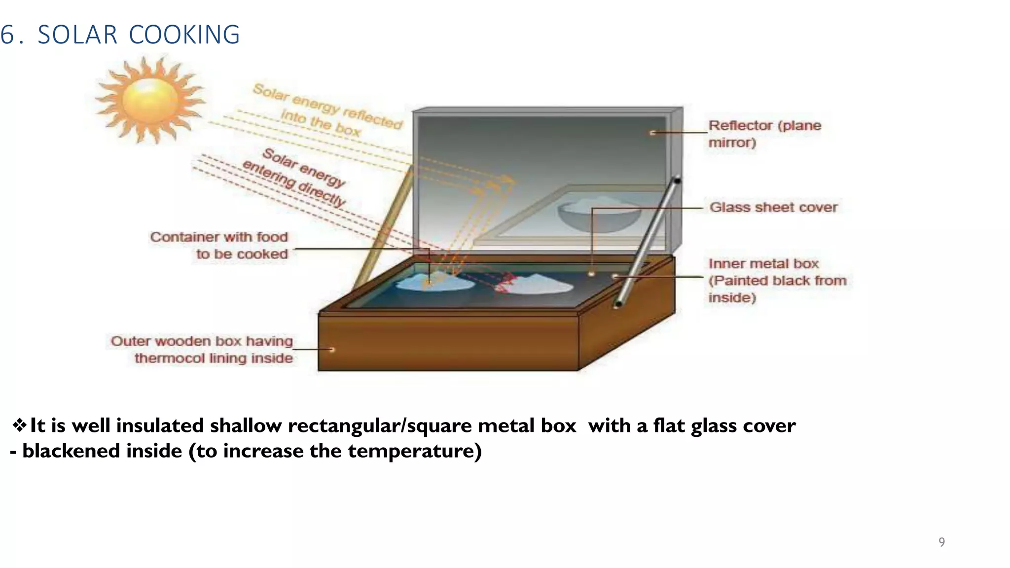 6. SOLAR COOKING
❖It is well insulated shallow rectangular/square metal box with a flat glass cover
- blackened inside (to increase the temperature)
9
 