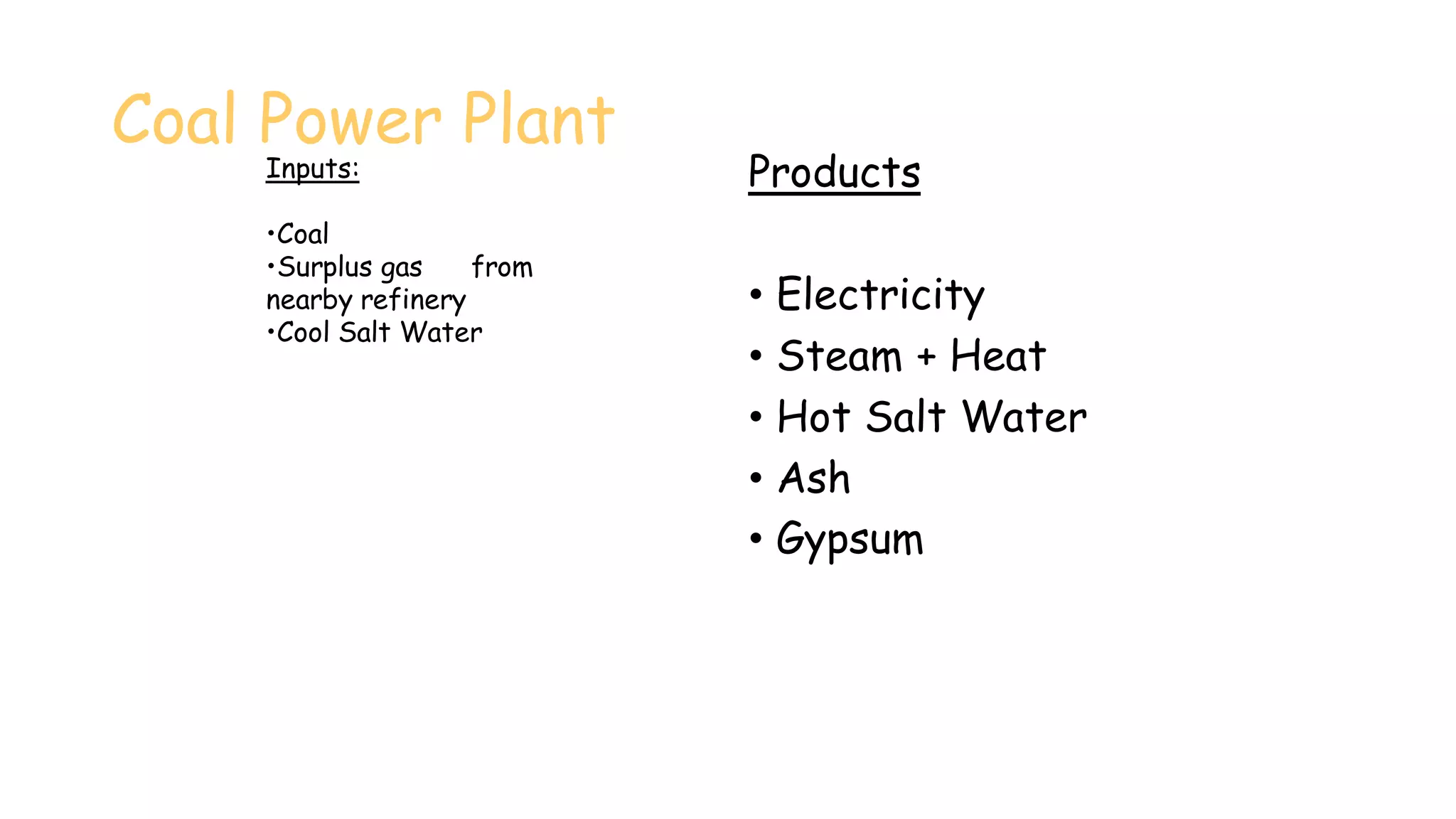 Coal Power Plant
Products
• Electricity
• Steam + Heat
• Hot Salt Water
• Ash
• Gypsum
Inputs:
•Coal
•Surplus gas from
nearby refinery
•Cool Salt Water
 