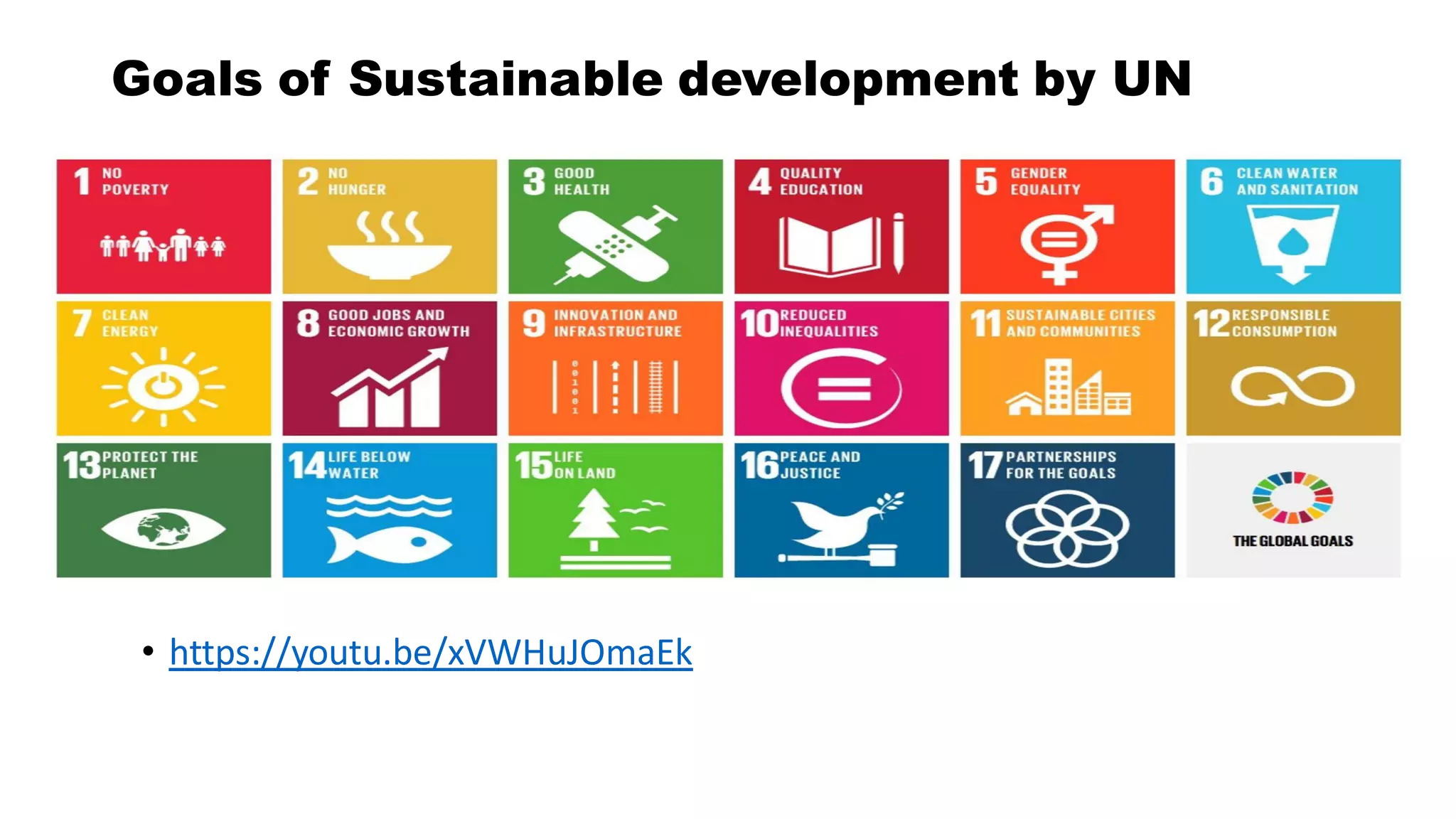 Goals of Sustainable development by UN
• https://youtu.be/xVWHuJOmaEk
 