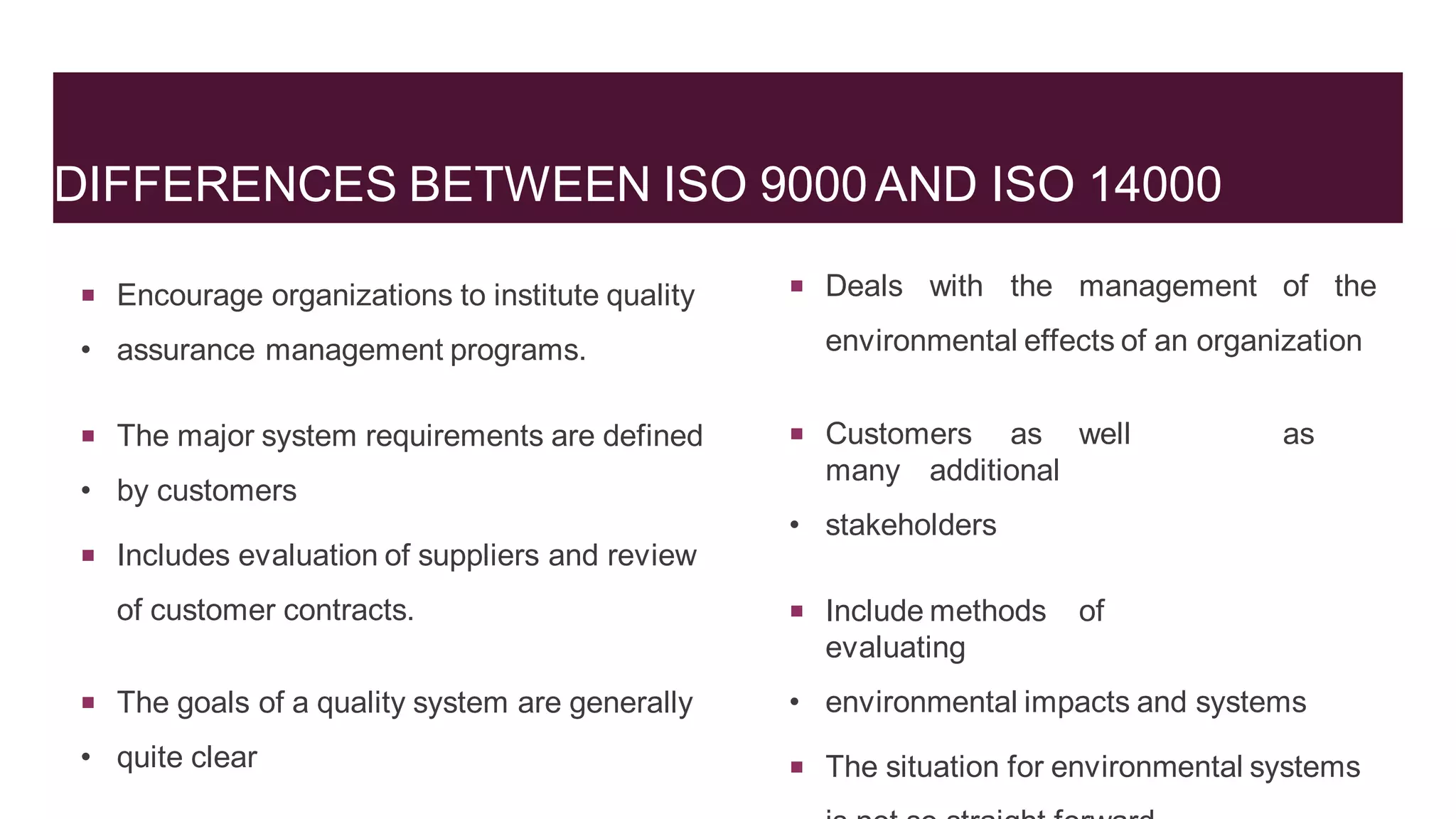 DIFFERENCES BETWEEN ISO 9000AND ISO 14000
 Encourage organizations to institute quality
• assurance management programs.
 The major system requirements are defined
• by customers
 Includes evaluation of suppliers and review
of customer contracts.
 The goals of a quality system are generally
• quite clear
 Deals with the management of the
environmental effects of an organization
 Customers as well as
many additional
• stakeholders
 Include methods of
evaluating
• environmental impacts and systems
 The situation for environmental systems
 