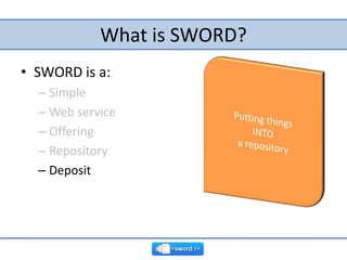 What is SWORD?<br />SWORD is a:<br />Simple<br />Web service<br />Offering<br />Repository<br />Deposit<br />Putting thing...