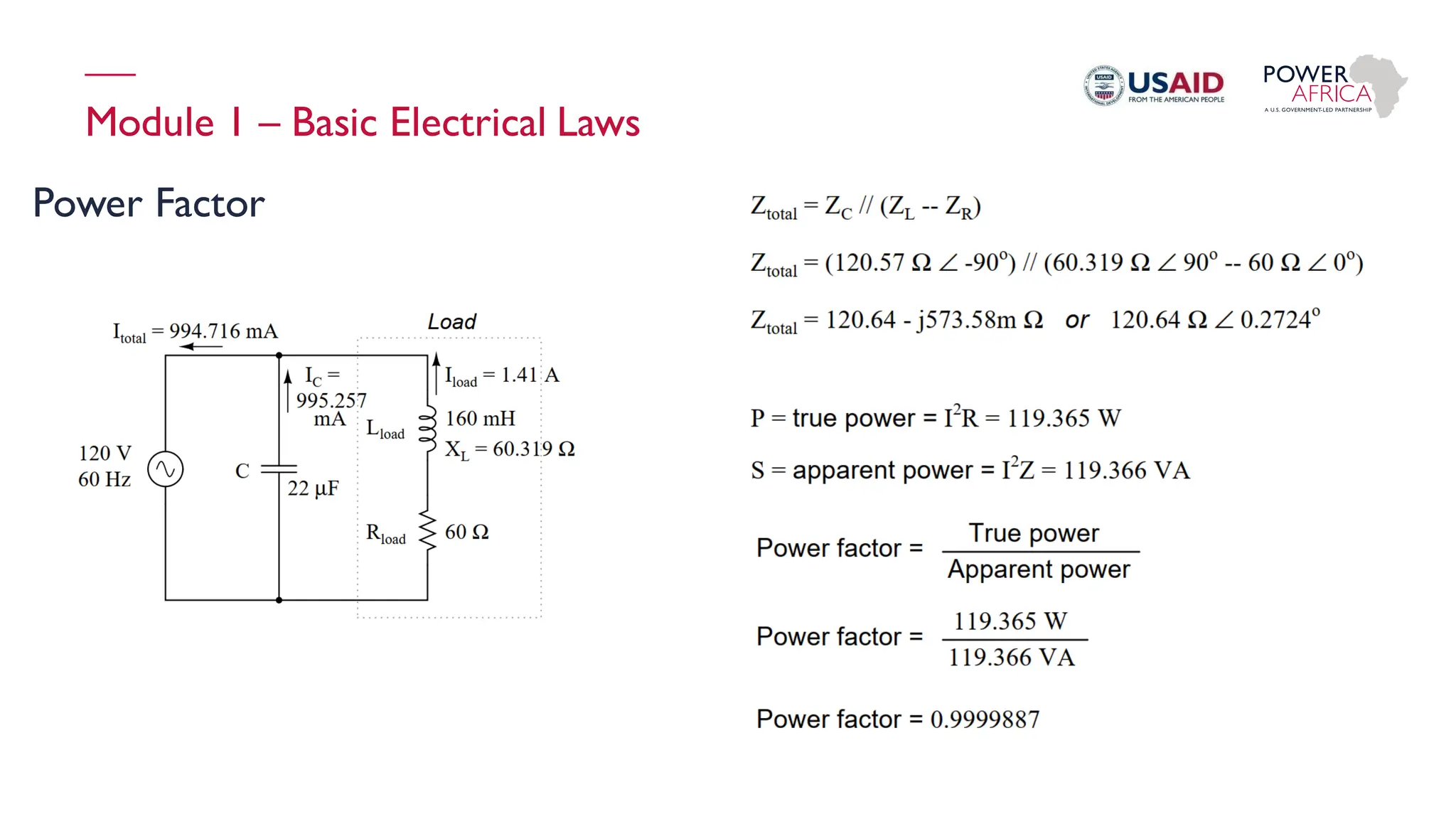Module 1 – Basic Electrical Laws
Power Factor
 