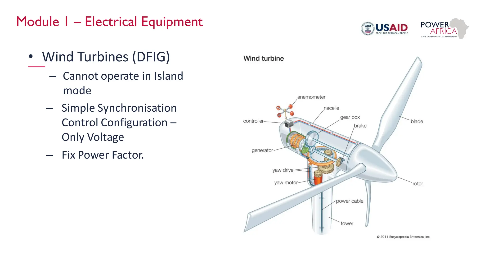 Module 1 – Electrical Equipment
• Wind Turbines (DFIG)
– Cannot operate in Island
mode
– Simple Synchronisation
Control Configuration –
Only Voltage
– Fix Power Factor.
 