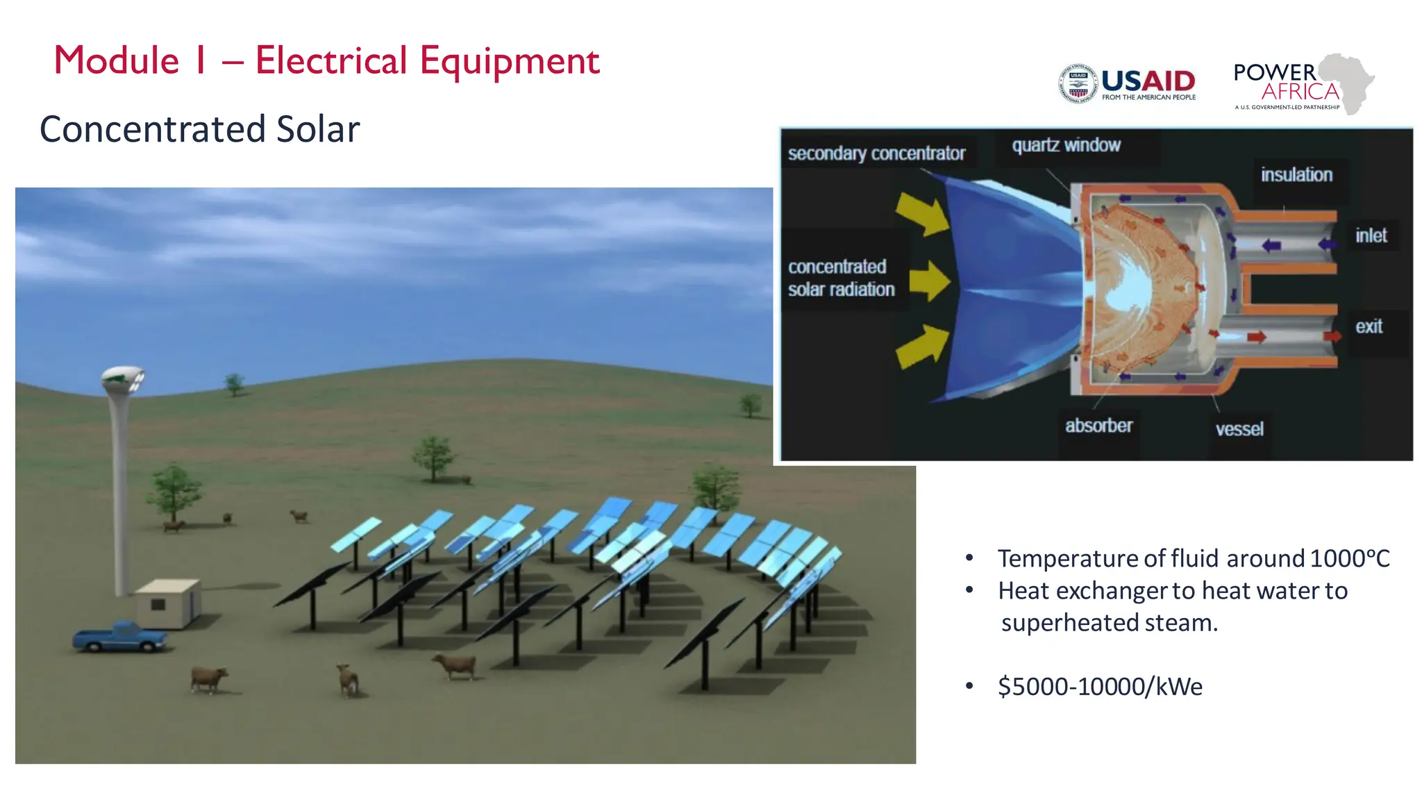 Module 1 – Electrical Equipment
Concentrated Solar
• Temperature of fluid around1000ᵒC
• Heat exchangerto heat water to
superheated steam.
• $5000-10000/kWe
 