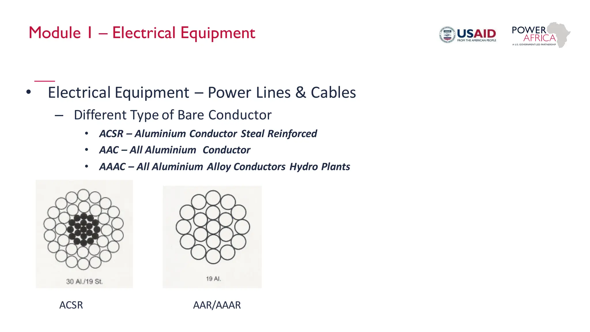 Module 1 – Electrical Equipment
• Electrical Equipment – Power Lines & Cables
– Different Type of Bare Conductor
• ACSR – Aluminium Conductor Steal Reinforced
• AAC – All Aluminium Conductor
• AAAC – All Aluminium Alloy Conductors Hydro Plants
ACSR AAR/AAAR
 
