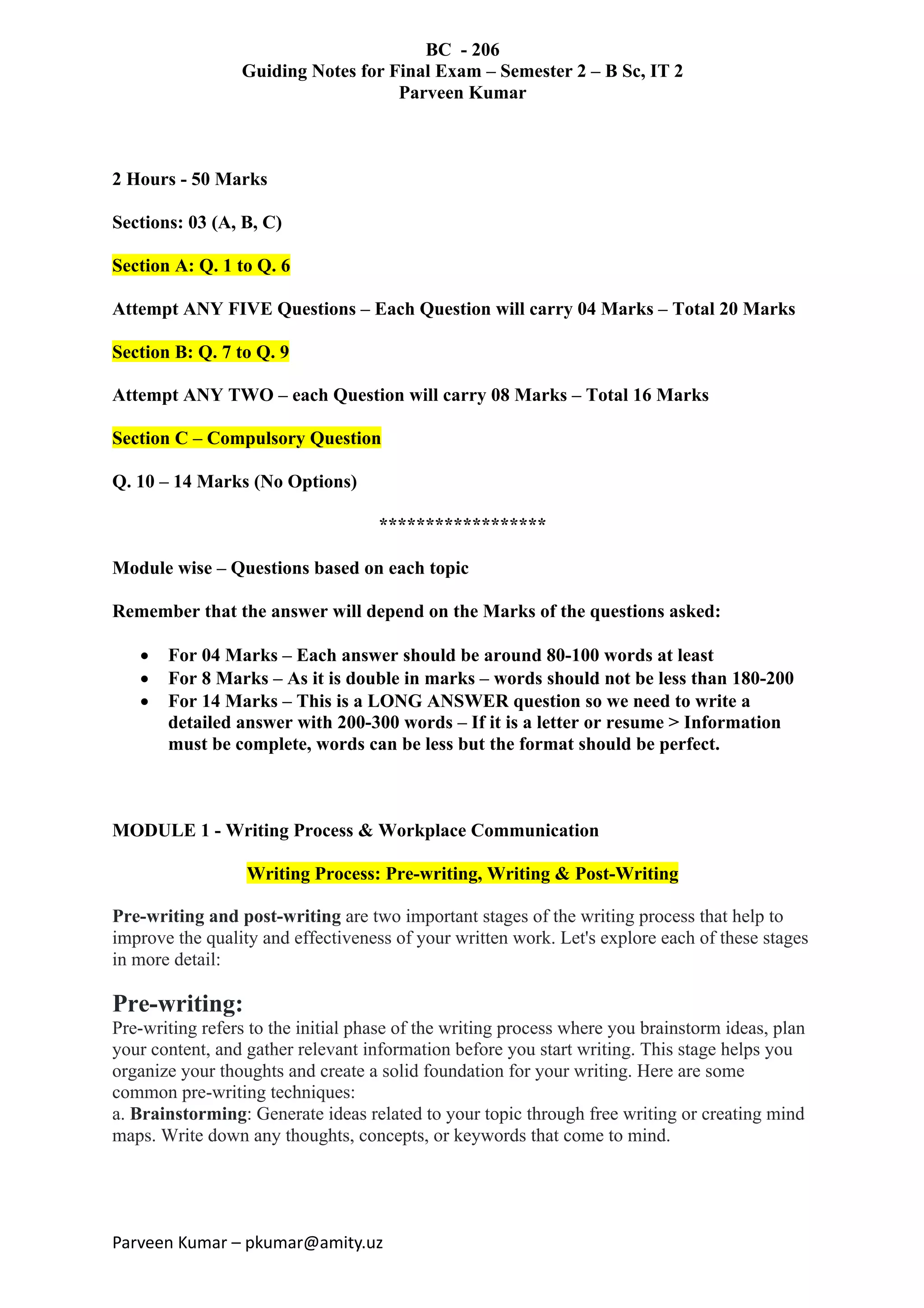 BC 206 - Amity Tashkent - Writing Process & Workplace Communication | PDF