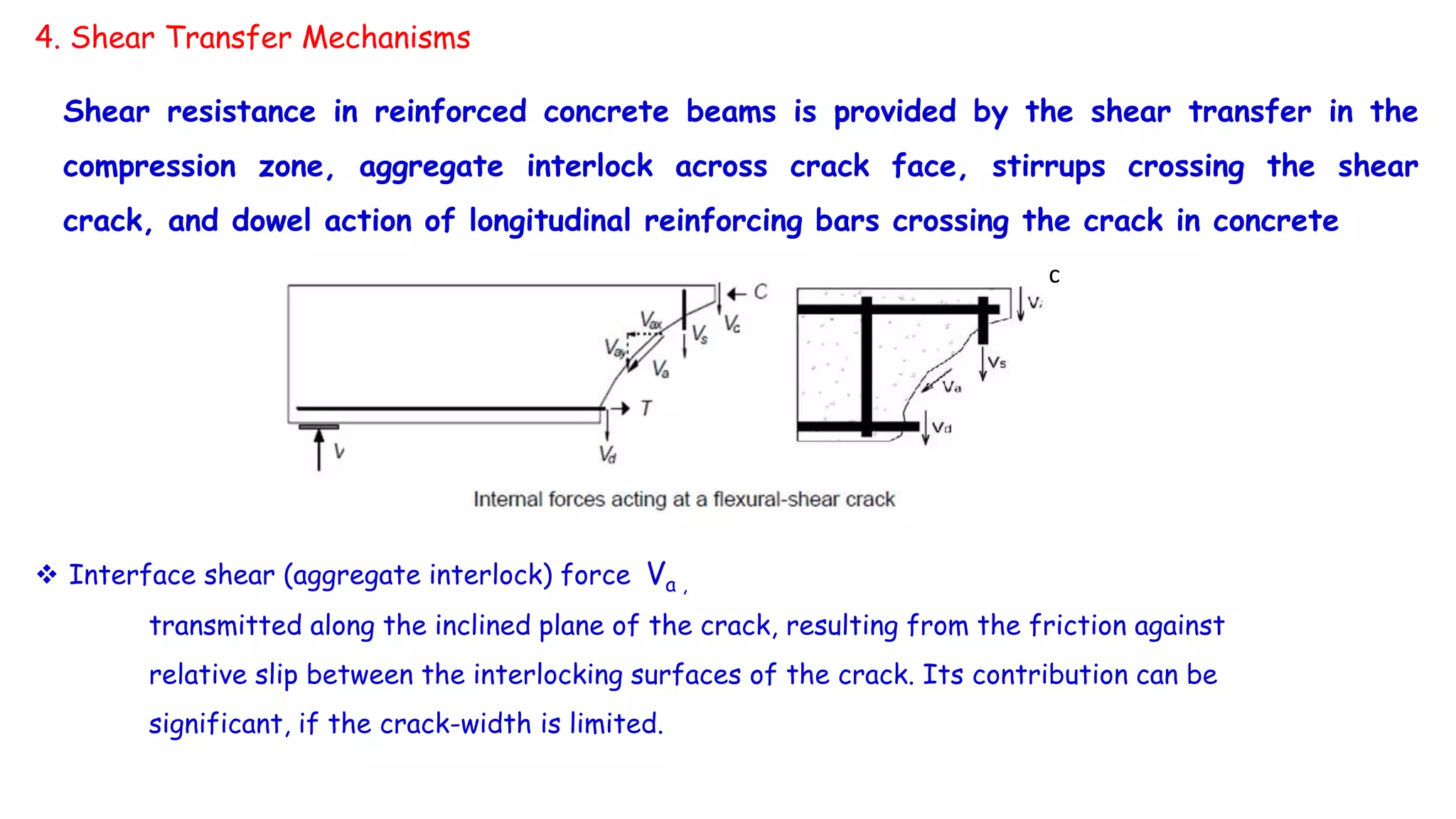 4. Shear Transfer Mechanisms
 Interface shear (aggregate interlock) force Va ,
transmitted along the inclined plane of the crack, resulting from the friction against
relative slip between the interlocking surfaces of the crack. Its contribution can be
significant, if the crack-width is limited.
Shear resistance in reinforced concrete beams is provided by the shear transfer in the
compression zone, aggregate interlock across crack face, stirrups crossing the shear
crack, and dowel action of longitudinal reinforcing bars crossing the crack in concrete
c
 
