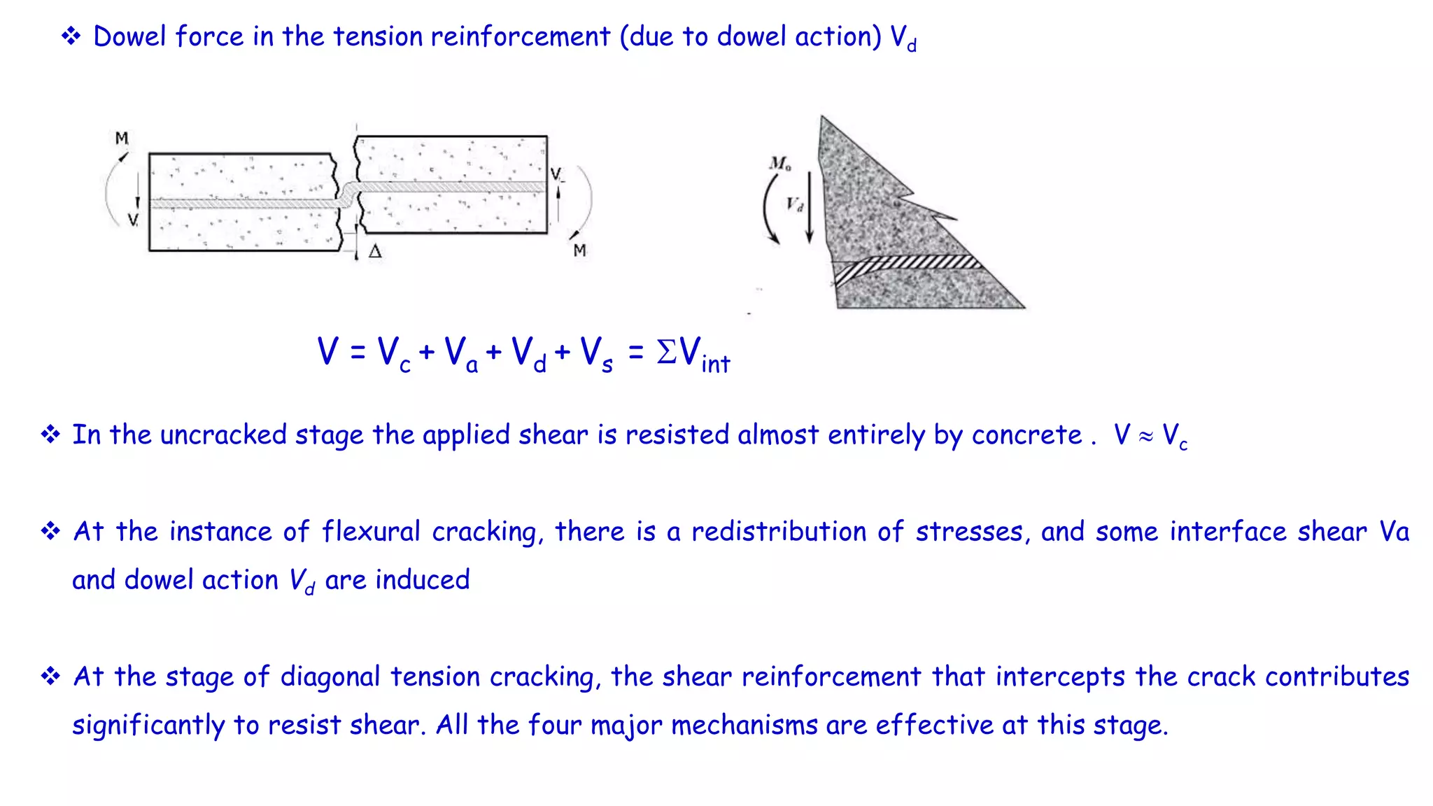  Dowel force in the tension reinforcement (due to dowel action) Vd
V = Vc + Va + Vd + Vs = Vint
 In the uncracked stage the applied shear is resisted almost entirely by concrete . V  Vc
 At the instance of flexural cracking, there is a redistribution of stresses, and some interface shear Va
and dowel action Vd are induced
 At the stage of diagonal tension cracking, the shear reinforcement that intercepts the crack contributes
significantly to resist shear. All the four major mechanisms are effective at this stage.
 