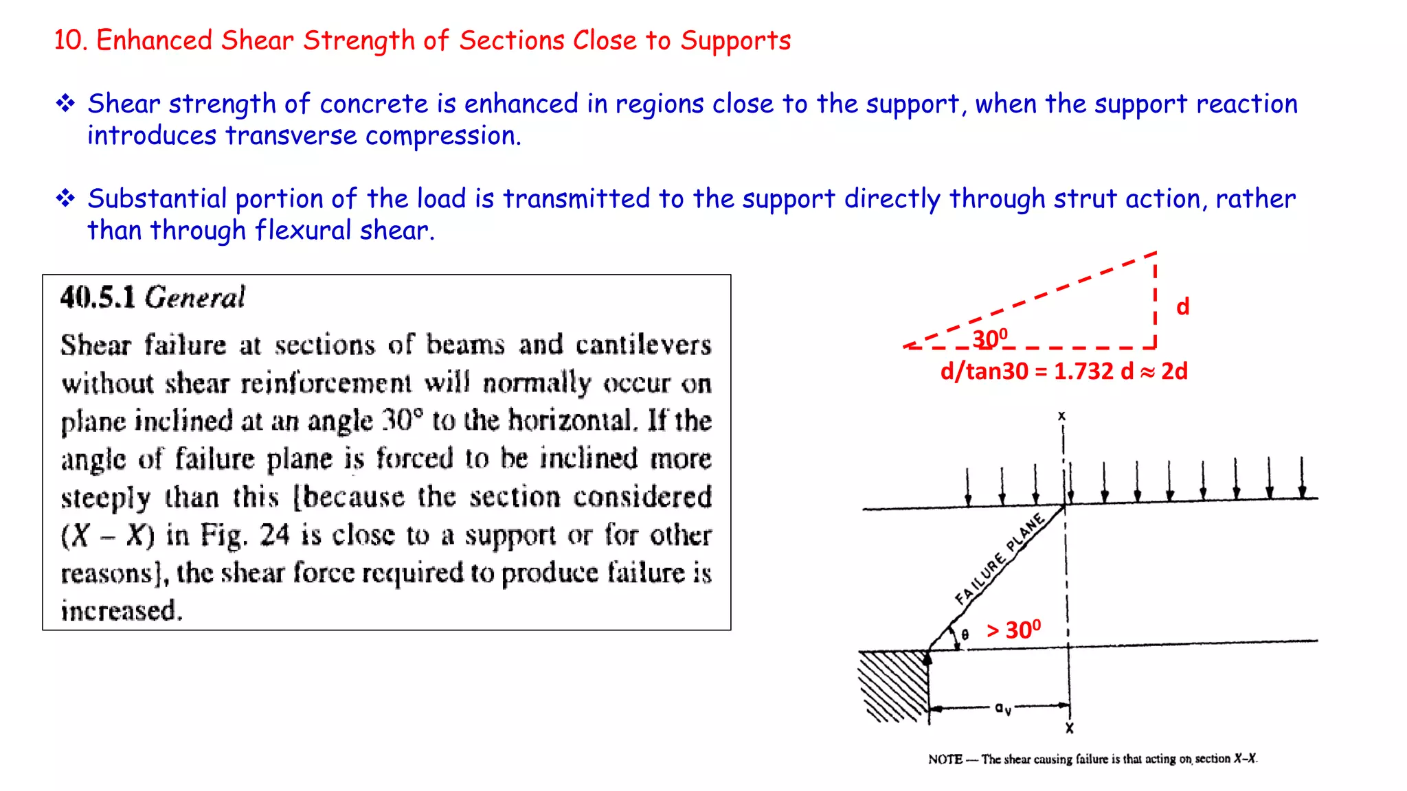 10. Enhanced Shear Strength of Sections Close to Supports
 Shear strength of concrete is enhanced in regions close to the support, when the support reaction
introduces transverse compression.
 Substantial portion of the load is transmitted to the support directly through strut action, rather
than through flexural shear.
> 300
300
d
d/tan30 = 1.732 d  2d
 
