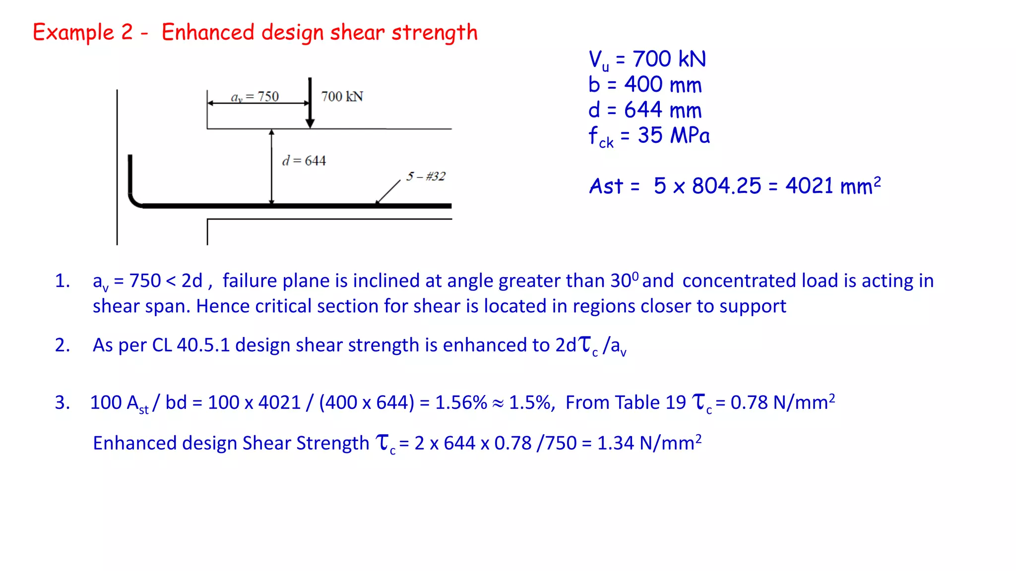 Example 2 - Enhanced design shear strength
Vu = 700 kN
b = 400 mm
d = 644 mm
fck = 35 MPa
Ast = 5 x 804.25 = 4021 mm2
1. av = 750 < 2d , failure plane is inclined at angle greater than 300 and concentrated load is acting in
shear span. Hence critical section for shear is located in regions closer to support
2. As per CL 40.5.1 design shear strength is enhanced to 2dc /av
3. 100 Ast / bd = 100 x 4021 / (400 x 644) = 1.56%  1.5%, From Table 19 c = 0.78 N/mm2
Enhanced design Shear Strength c = 2 x 644 x 0.78 /750 = 1.34 N/mm2
 