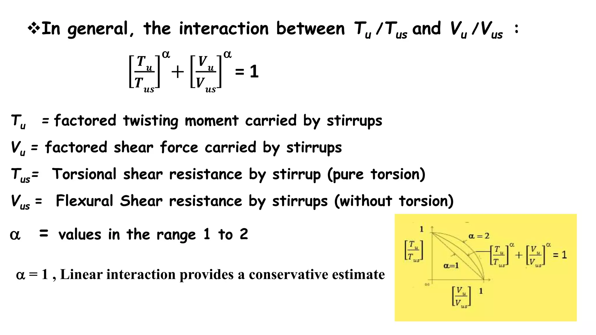 In general, the interaction between Tu /Tus and Vu /Vus :
Tu = factored twisting moment carried by stirrups
Vu = factored shear force carried by stirrups
Tus= Torsional shear resistance by stirrup (pure torsion)
Vus = Flexural Shear resistance by stirrups (without torsion)
a = values in the range 1 to 2
𝑻 𝒖
𝑻 𝒖𝒔
a
+
𝑽 𝒖
𝑽 𝒖𝒔
a
= 1
a = 1 , Linear interaction provides a conservative estimate
 