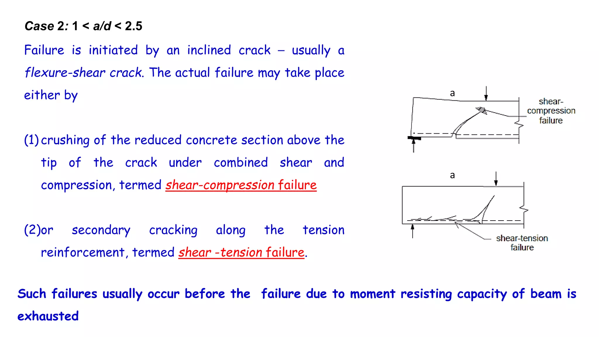 Case 2: 1 < a/d < 2.5
Failure is initiated by an inclined crack ⎯ usually a
flexure-shear crack. The actual failure may take place
either by
(1) crushing of the reduced concrete section above the
tip of the crack under combined shear and
compression, termed shear-compression failure
(2)or secondary cracking along the tension
reinforcement, termed shear -tension failure.
Such failures usually occur before the failure due to moment resisting capacity of beam is
exhausted
a
a
 