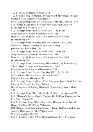 7 .2 5 Plow, by Derek Watkins 242
7 .2 6 The Horse in Motion, by Eadweard Muybridge. Source:
United States Library of Congress’s
Prints and Photographs division, digital ID cph.3a45870. 243
8 .1 Titles Taken from Projects Published and Credited
Elsewhere in This Book 248
8 .2 Excerpt from ‘The Color of Debt: The Black
Neighborhoods Where Collection Suits Hit
Hardest’, by Al Shaw, Annie Waldman and Paul Kiel
(ProPublica) 249
8 .3 Excerpt from ‘Kindred Britain’ version 1.0 © 2013
Nicholas Jenkins – designed by Scott Murray,
powered by SUL-CIDR 249
8 .4 Excerpt from ‘The Color of Debt: The Black
Neighborhoods Where Collection Suits Hit
Hardest’, by Al Shaw, Annie Waldman and Paul Kiel
(ProPublica) 250
8 .5 Excerpt from ‘Bloomberg Billionaires’, by Bloomberg
Visual Data (Design and development), Lina
Chen and Anita Rundles (Illustration) 251
8 .6 Excerpt from ‘Gender Pay Gap US?’, by David
McCandless, Miriam Quick (Research) and
Philippa Thomas (Design) 251
8 .7 Excerpt from ‘Holdouts Find Cheapest Super Bowl Tickets
Late in the Game’, by Alex Tribou,
David Ingold and Jeremy Diamond (Bloomberg Visual Data)
252
8 .8 Excerpt from ‘The Life Cycle of Ideas’, by Accurat 252
8 .9 Mizzou’s Racial Gap Is Typical On College Campuses, by
FiveThirtyEight 253
8 .1 0 Excerpt from ‘The Infographic History of the World’,
Harper Collins (2013); by Valentina
D’Efilippo (co-author and designer); James Ball (co-author and
writer); Data source: The Polynational
War Memorial, 2012 254
8 .1 1 Twitter NYC: A Multilingual Social City, by James
 