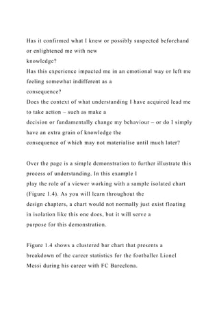 Has it confirmed what I knew or possibly suspected beforehand
or enlightened me with new
knowledge?
Has this experience impacted me in an emotional way or left me
feeling somewhat indifferent as a
consequence?
Does the context of what understanding I have acquired lead me
to take action – such as make a
decision or fundamentally change my behaviour – or do I simply
have an extra grain of knowledge the
consequence of which may not materialise until much later?
Over the page is a simple demonstration to further illustrate this
process of understanding. In this example I
play the role of a viewer working with a sample isolated chart
(Figure 1.4). As you will learn throughout the
design chapters, a chart would not normally just exist floating
in isolation like this one does, but it will serve a
purpose for this demonstration.
Figure 1.4 shows a clustered bar chart that presents a
breakdown of the career statistics for the footballer Lionel
Messi during his career with FC Barcelona.
 