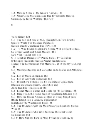 4 .8 Making Sense of the Known Knowns 123
4 .9 What Good Marathons and Bad Investments Have in
Common, by Justin Wolfers (The New
8
York Times) 124
5 .1 The Fall and Rise of U.S. Inequality, in Two Graphs
Source: World Top Incomes Database;
Design credit: Quoctrung Bui (NPR) 136
5 .2 – 4 Why Peyton Manning’s Record Will Be Hard to Beat,
by Gregor Aisch and Kevin Quealy (The
New York Times) 138–140
C .1 Mockup Designs for ‘Poppy Field’, by Valentina
D’Efilippo (design); Nicolas Pigelet (code); Data
source: The Polynational War Memorial, 2014 (poppyfield.org)
146
6 .1 Mapping Records and Variables on to Marks and Attributes
152
6 .2 List of Mark Encodings 153
6 .3 List of Attribute Encodings 153
6 .4 Bloomberg Billionaires, by Bloomberg Visual Data
(Design and development), Lina Chen and
Anita Rundles (Illustration) 155
6 .5 Lionel Messi: Games and Goals for FC Barcelona 156
6 .6 Image from the Home page of visualisingdata.com 156
6 .7 How the Insane Amount of Rain in Texas Could Turn
Rhode Island Into a Lake, by Christopher
Ingraham (The Washington Post) 156
6 .8 The 10 Actors with the Most Oscar Nominations but No
Wins 161
6 .9 The 10 Actors who have Received the Most Oscar
Nominations 162
6 .1 0 How Nations Fare in PhDs by Sex Interactive, by
 