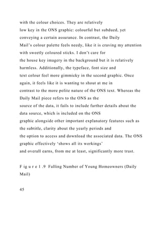 with the colour choices. They are relatively
low key in the ONS graphic: colourful but subdued, yet
conveying a certain assurance. In contrast, the Daily
Mail’s colour palette feels needy, like it is craving my attention
with sweetly coloured sticks. I don’t care for
the house key imagery in the background but it is relatively
harmless. Additionally, the typeface, font size and
text colour feel more gimmicky in the second graphic. Once
again, it feels like it is wanting to shout at me in
contrast to the more polite nature of the ONS text. Whereas the
Daily Mail piece refers to the ONS as the
source of the data, it fails to include further details about the
data source, which is included on the ONS
graphic alongside other important explanatory features such as
the subtitle, clarity about the yearly periods and
the option to access and download the associated data. The ONS
graphic effectively ‘shows all its workings’
and overall earns, from me at least, significantly more trust.
F ig u r e 1 .9 Falling Number of Young Homeowners (Daily
Mail)
45
 