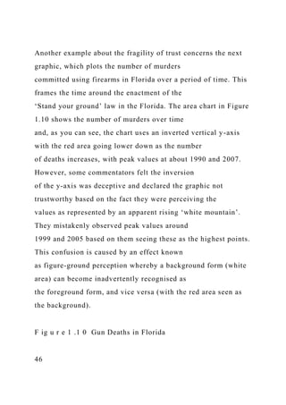 Another example about the fragility of trust concerns the next
graphic, which plots the number of murders
committed using firearms in Florida over a period of time. This
frames the time around the enactment of the
‘Stand your ground’ law in the Florida. The area chart in Figure
1.10 shows the number of murders over time
and, as you can see, the chart uses an inverted vertical y-axis
with the red area going lower down as the number
of deaths increases, with peak values at about 1990 and 2007.
However, some commentators felt the inversion
of the y-axis was deceptive and declared the graphic not
trustworthy based on the fact they were perceiving the
values as represented by an apparent rising ‘white mountain’.
They mistakenly observed peak values around
1999 and 2005 based on them seeing these as the highest points.
This confusion is caused by an effect known
as figure-ground perception whereby a background form (white
area) can become inadvertently recognised as
the foreground form, and vice versa (with the red area seen as
the background).
F ig u r e 1 .1 0 Gun Deaths in Florida
46
 