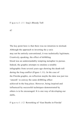 F ig u r e 1 .1 1 Iraq’s Bloody Toll
47
The key point here is that there was no intention to mislead.
Although the approach to inverting the y-axis
may not be entirely conventional, it was technically legitimate.
Creatively speaking, the effect of dribbling
blood was an understandably tempting metaphor to pursue.
Indeed, the graphic attempts to emulate a notable
infographic from several years ago showing the death toll
during the Iraq conflict (Figure 1.11). In the case of
the Florida graphic, on reflection maybe the data was just too
‘smooth’ to convey the same dribbling effect
achieved in the Iraq piece. However, being inspired and
influenced by successful techniques demonstrated by
others is to be encouraged. It is one way of developing our
skills.
F ig u r e 1 .1 2 Reworking of ‘Gun Deaths in Florida’
 