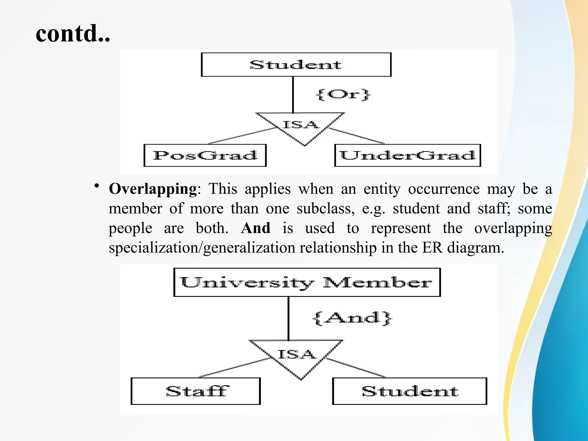 contd..
• Overlapping: This applies when an entity occurrence may be a
member of more than one subclass, e.g. student and staff; some
people are both. And is used to represent the overlapping
specialization/generalization relationship in the ER diagram.
 