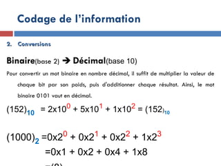 2.
2. Conversions
Conversions
Binaire(base 2)  Décimal(base 10)
Pour convertir un mot binaire en nombre décimal, il suffit de multiplier la valeur de
chaque bit par son poids, puis d'additionner chaque résultat. Ainsi, le mot
binaire 0101 vaut en décimal.
(152)10 = 2x100
+ 5x101
+ 1x102
= (152)10
(1000)2 =0x20
+ 0x21
+ 0x22
+ 1x23
=0x1 + 0x2 + 0x4 + 1x8
Codage de l’information
 