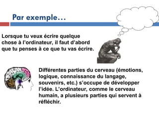 Par exemple…
Lorsque tu veux écrire quelque
chose à l’ordinateur, il faut d’abord
que tu penses à ce que tu vas écrire.
Différentes parties du cerveau (émotions,
logique, connaissance du langage,
souvenirs, etc.) s’occupe de développer
l’idée. L’ordinateur, comme le cerveau
humain, a plusieurs parties qui servent à
réfléchir.
 