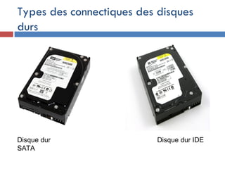 Types des connectiques des disques
durs
Disque dur
SATA
Disque dur IDE
 