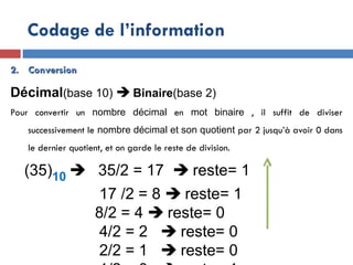 2.
2. Conversion
Conversion
Décimal(base 10)  Binaire(base 2)
Pour convertir un nombre décimal en mot binaire , il suffit de diviser
successivement le nombre décimal et son quotient par 2 jusqu’à avoir 0 dans
le dernier quotient, et on garde le reste de division.
(35)10  35/2 = 17  reste= 1
17 /2 = 8  reste= 1
8/2 = 4  reste= 0
4/2 = 2  reste= 0
2/2 = 1  reste= 0
Codage de l’information
 