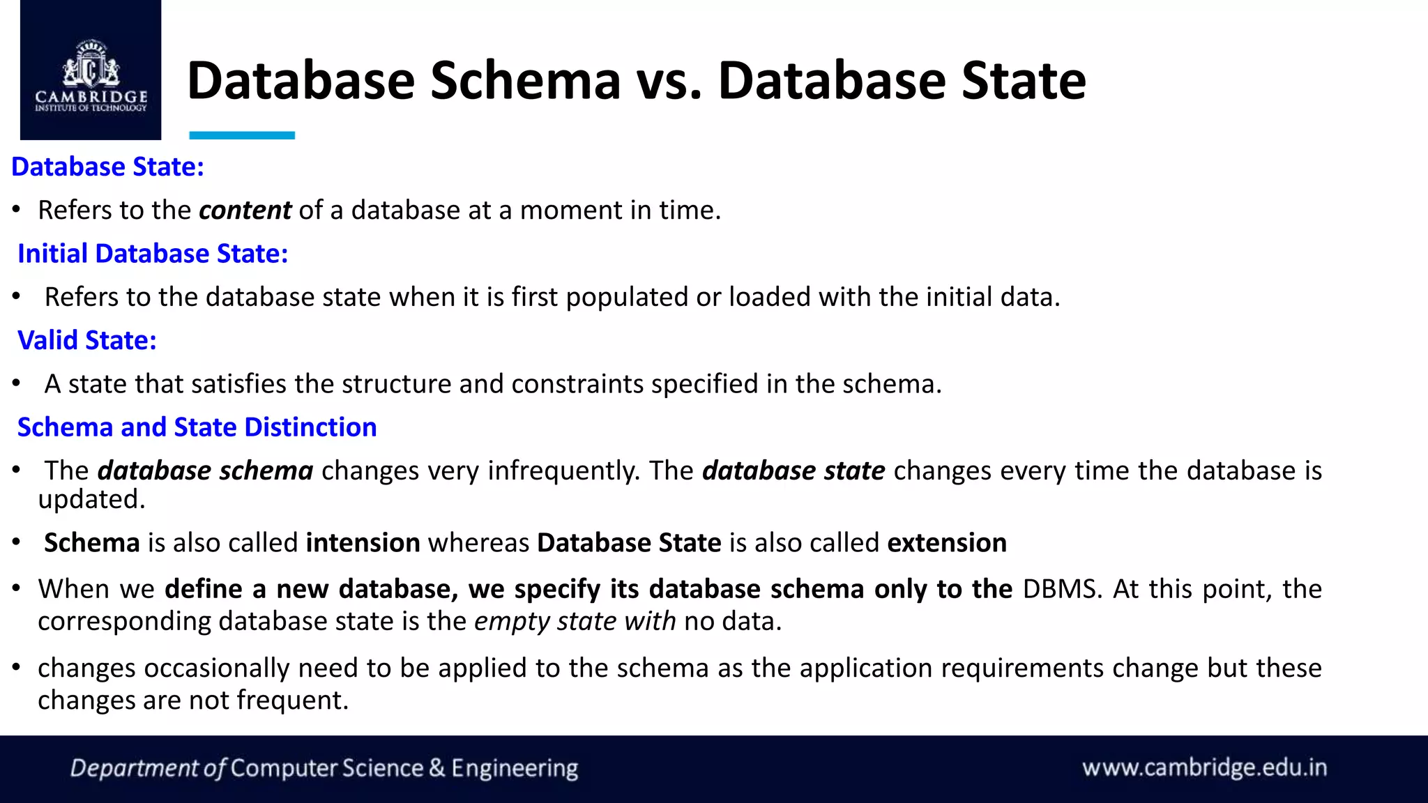 Database Schema vs. Database State
Database State:
• Refers to the content of a database at a moment in time.
Initial Database State:
• Refers to the database state when it is first populated or loaded with the initial data.
Valid State:
• A state that satisfies the structure and constraints specified in the schema.
Schema and State Distinction
• The database schema changes very infrequently. The database state changes every time the database is
updated.
• Schema is also called intension whereas Database State is also called extension
• When we define a new database, we specify its database schema only to the DBMS. At this point, the
corresponding database state is the empty state with no data.
• changes occasionally need to be applied to the schema as the application requirements change but these
changes are not frequent.
 
