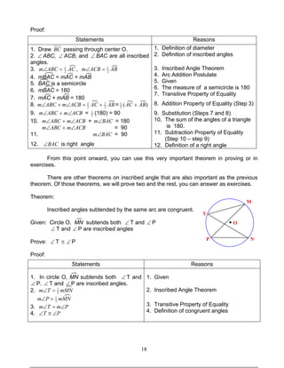 18
Proof:
Statements Reasons
1. Draw BC passing through center O.
2. ∠ ABC, ∠ ACB, and ∠ BAC are all inscribed
angles.
3. ACABCm 2
1
=∠ , ABACBm 2
1
=∠
4. mBAC = mAC + mAB
5. BAC is a semicircle
6. mBAC = 180
7. mAC + mAB = 180
8. ABACACBmABCm 2
1
2
1
+=∠+∠ = )(2
1
ABAC +
9. ACBmABCm ∠+∠ = 2
1
(180) = 90
10. ACBmABCm ∠+∠ + BACm∠ = 180
ACBmABCm ∠+∠ = 90
11. BACm∠ = 90
12. BAC∠ is right angle
1. Definition of diameter
2. Definition of inscribed angles
3. Inscribed Angle Theorem
4. Arc Addition Postulate
5. Given
6. The measure of a semicircle is 180
7. Transitive Property of Equality
8. Addition Property of Equality (Step 3)
9. Substitution (Steps 7 and 8)
10. The sum of the angles of a triangle
is 180.
11. Subtraction Property of Equality
(Step 10 – step 9)
12. Definition of a right angle
From this point onward, you can use this very important theorem in proving or in
exercises.
There are other theorems on inscribed angle that are also important as the previous
theorem. Of those theorems, we will prove two and the rest, you can answer as exercises.
Theorem:
Inscribed angles subtended by the same arc are congruent.
Given: Circle O. MN subtends both ∠ T and ∠ P
∠ T and ∠ P are inscribed angles
Prove: ∠ T ≅ ∠ P
Proof:
Statements Reasons
1. In circle O, MN subtends both ∠ T and
∠ P. ∠ T and ∠ P are inscribed angles.
2. mMNTm 2
1
=∠
mMNPm 2
1
=∠
3. PmTm ∠=∠
4. PT ∠≅∠
1. Given
2. Inscribed Angle Theorem
3. Transitive Property of Equality
4. Definition of congruent angles
● O
M
T
P N
 
