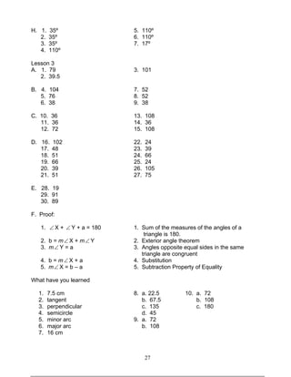 27
H. 1. 35º 5. 110º
2. 35º 6. 110º
3. 35º 7. 17º
4. 110º
Lesson 3
A. 1. 79 3. 101
2. 39.5
B. 4. 104 7. 52
5. 76 8. 52
6. 38 9. 38
C. 10. 36 13. 108
11. 36 14. 36
12. 72 15. 108
D. 16. 102 22. 24
17. 48 23. 39
18. 51 24. 66
19. 66 25. 24
20. 39 26. 105
21. 51 27. 75
E. 28. 19
29. 91
30. 89
F. Proof:
1. ∠ X + ∠ Y + a = 180 1. Sum of the measures of the angles of a
triangle is 180.
2. b = m∠ X + m∠ Y 2. Exterior angle theorem
3. m∠ Y = a 3. Angles opposite equal sides in the same
triangle are congruent
4. b = m∠ X + a 4. Substitution
5. m∠ X = b – a 5. Subtraction Property of Equality
What have you learned
1. 7.5 cm 8. a. 22.5 10. a. 72
2. tangent b. 67.5 b. 108
3. perpendicular c. 135 c. 180
4. semicircle d. 45
5. minor arc 9. a. 72
6. major arc b. 108
7. 16 cm
 