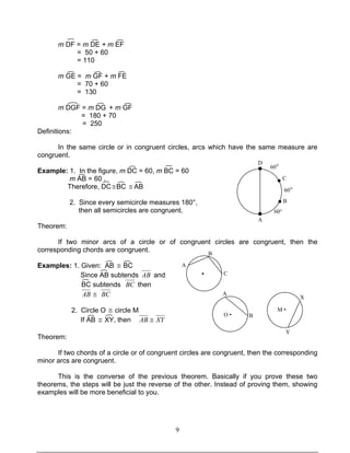 9
60°
60°
60°
A
B
C
D
m DF = m DE + m EF
= 50 + 60
= 110
m GE = m GF + m FE
= 70 + 60
= 130
m DGF = m DG + m GF
= 180 + 70
= 250
Definitions:
In the same circle or in congruent circles, arcs which have the same measure are
congruent.
Example: 1. In the figure, m DC = 60, m BC = 60
m AB = 60 .
Therefore, DC≅BC ≅ AB
2. Since every semicircle measures 180°,
then all semicircles are congruent.
Theorem:
If two minor arcs of a circle or of congruent circles are congruent, then the
corresponding chords are congruent.
Examples: 1. Given: AB ≅ BC
Since AB subtends AB and
BC subtends BC then
AB ≅ BC
2. Circle O ≅ circle M
If AB ≅ XY, then XYAB ≅
Theorem:
If two chords of a circle or of congruent circles are congruent, then the corresponding
minor arcs are congruent.
This is the converse of the previous theorem. Basically if you prove these two
theorems, the steps will be just the reverse of the other. Instead of proving them, showing
examples will be more beneficial to you.
●
●
O •
A
B
M •
X
Y
A
B
C·
 