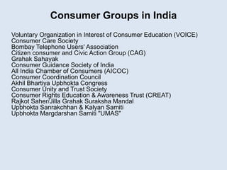 Consumer Groups in India
Voluntary Organization in Interest of Consumer Education (VOICE)
Consumer Care Society
Bombay Telephone Users' Association
Citizen consumer and Civic Action Group (CAG)
Grahak Sahayak
Consumer Guidance Society of India
All India Chamber of Consumers (AICOC)
Consumer Coordination Council
Akhil Bhartiya Upbhokta Congress
Consumer Unity and Trust Society
Consumer Rights Education & Awareness Trust (CREAT)
Rajkot Saher/Jilla Grahak Suraksha Mandal
Upbhokta Sanrakchhan & Kalyan Samiti
Upbhokta Margdarshan Samiti "UMAS"
 