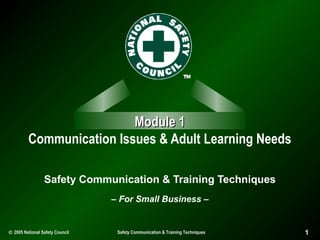 Module 1
Communication Issues & Adult Learning Needs
Safety Communication & Training Techniques
– For Small Business –

© 2005 National Safety Council

Safety Communication & Training Techniques

1

 