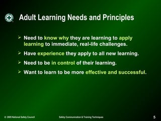 Adult Learning Needs and Principles
 Need to know why they are learning to apply

learning to immediate, real-life challenges.
 Have experience they apply to all new learning.
 Need to be in control of their learning.
 Want to learn to be more effective and successful.

© 2005 National Safety Council

Safety Communication & Training Techniques

5

 