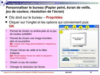 Personnaliser le bureau (Papier peint, écran de veille, jeu de couleur, résolution de l’écran) Clic droit sur le bureau –  Propriétés Cliquer sur l’onglet et les options qui conviennent puis  OK Permet de choisir un arrière-plan et un jeu de couleur prédéfini Permet de choisir une image d’arrière-plan et sa position NB  : Insérer une image personnalisée en cliquant sur Parcourir Choisir l’écran de veille et le délai d’attente.  NB : Personnalisez l’écran de veille en cliquant le bouton Paramètres Choisir un jeu de couleur Changer la résolution de l’écran 1 2 3 5 4 