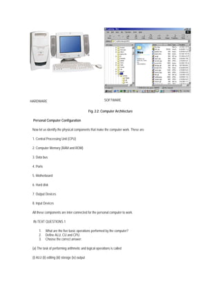HARDWARE                                                     SOFTWARE


                                                  Fig. 2.2: Computer Architecture

 Personal Computer Configuration

 Now let us identify the physical components that make the computer work. These are

 1. Central Processing Unit (CPU)

 2. Computer Memory (RAM and ROM)

 3. Data bus

 4. Ports

 5. Motherboard

 6. Hard disk

 7. Output Devices

 8. Input Devices

 All these components are inter-connected for the personal computer to work.

 IN-TEXT QUESTIONS 1

      1.    What are the five basic operations performed by the computer?
      2.    Define ALU, CU and CPU.
      3.    Choose the correct answer:

 (a) The task of performing arithmetic and logical operations is called

 (i) ALU (ii) editing (iii) storage (iv) output
 