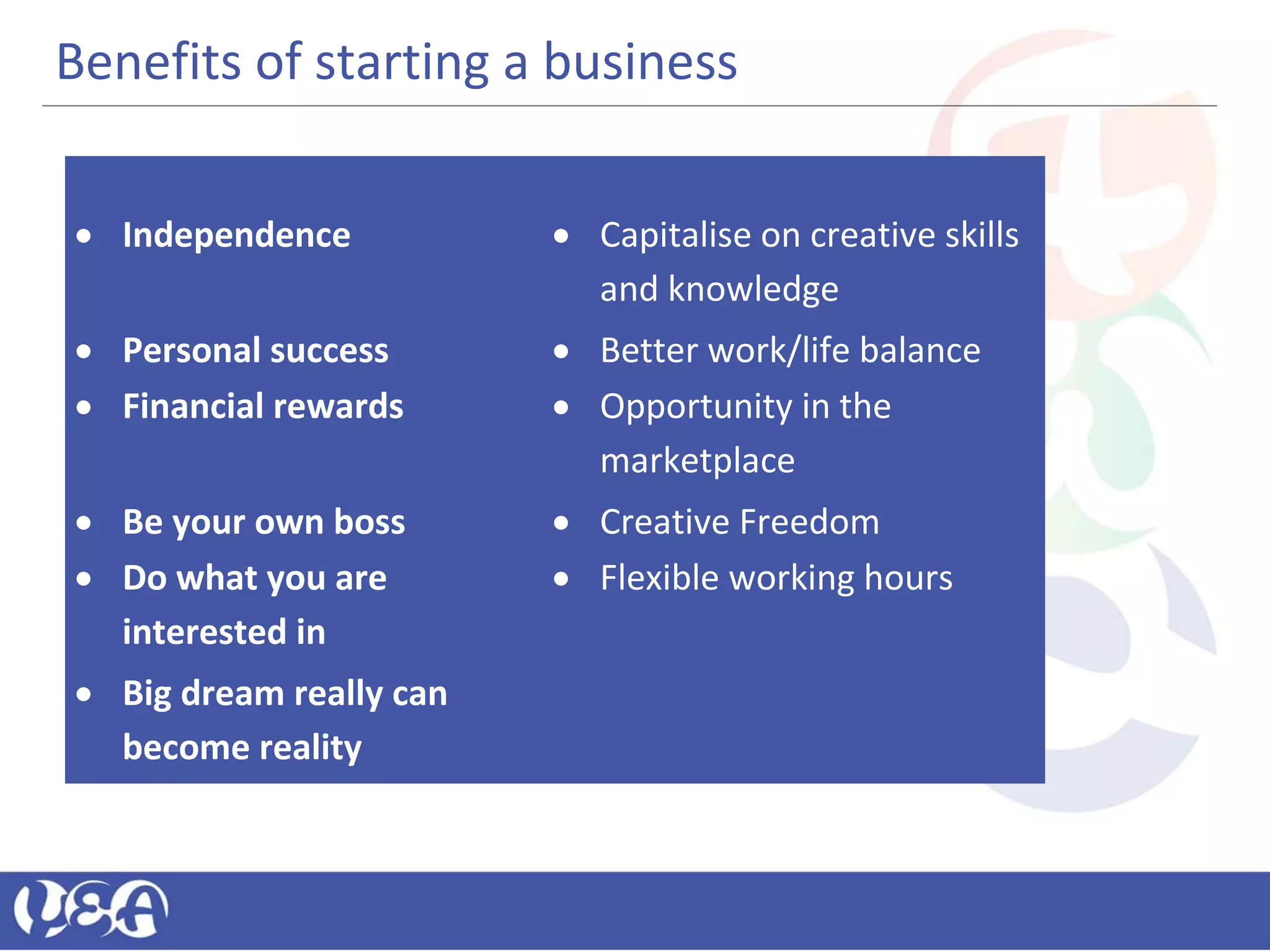 • Independence • Capitalise on creative skills
and knowledge
• Personal success • Better work/life balance
• Financial rewards • Opportunity in the
marketplace
• Be your own boss • Creative Freedom
• Do what you are
interested in
• Flexible working hours
• Big dream really can
become reality
Benefits of starting a business
 