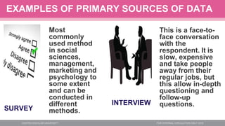 SURVEY
Most
commonly
used method
in social
sciences,
management,
marketing and
psychology to
some extent
and can be
conducted in
different
methods.
This is a face-to-
face conversation
with the
respondent. It is
slow, expensive
and take people
away from their
regular jobs, but
this allow in-depth
questioning and
follow-up
questions.
EXAMPLES OF PRIMARY SOURCES OF DATA
INTERVIEW
 