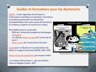 Guides et formations pour les doctorants
URFIST : Unités régionales de formation à
l’information scientifique et technique. Formations
accessibles gratuitement aux doctorants
(comptabilisables dans votre quota de formation)
et nombreux supports et ressources en ligne.

Sites dédiés d’autres universités:
- PRES de l’Université Européenne de Bretagne :
    Formadoct
- La rubrique Thèses en ligne de l’Université de
    Lyon 2
- boîte à outils de l’université de Clermont

Guide pour la rédaction et la présentation des
thèses à l’usage du doctorant (MESR, 2007, PDF)
                                                      Tous droits réservés par Tis (Source : La thèse nuit gravement à la santé)
Petites leçons de typographie par Jacques André

« Les thèses électroniques », ppt, par Ghislain
Chave et Magalie Prudon, 2012
 
