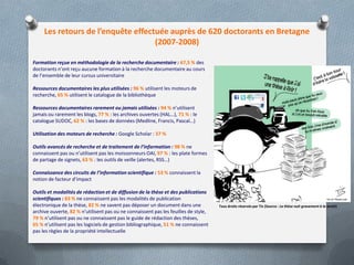 Les retours de l’enquête effectuée auprès de 620 doctorants en Bretagne
                                    (2007-2008)

Formation reçue en méthodologie de la recherche documentaire : 67,5 % des
doctorants n’ont reçu aucune formation à la recherche documentaire au cours
de l’ensemble de leur cursus universitaire

Ressources documentaires les plus utilisées : 96 % utilisent les moteurs de
recherche, 65 % utilisent le catalogue de la bibliothèque

Ressources documentaires rarement ou jamais utilisées : 94 % n’utilisent
jamais ou rarement les blogs, 77 % : les archives ouvertes (HAL…), 71 % : le
catalogue SUDOC, 62 % : les bases de données (Medline, Francis, Pascal…)

Utilisation des moteurs de recherche : Google Scholar : 37 %

Outils avancés de recherche et de traitement de l’information : 98 % ne
connaissent pas ou n’utilisent pas les moissonneurs OAI, 97 % : les plate formes
de partage de signets, 63 % : les outils de veille (alertes, RSS…)

Connaissance des circuits de l’information scientifique : 53 % connaissent la
notion de facteur d’impact

Outils et modalités de rédaction et de diffusion de la thèse et des publications
scientifiques : 83 % ne connaissent pas les modalités de publication
électronique de la thèse, 82 % ne savent pas déposer un document dans une            Tous droits réservés par Tis (Source : La thèse nuit gravement à la santé)
archive ouverte, 82 % n’utilisent pas ou ne connaissent pas les feuilles de style,
79 % n’utilisent pas ou ne connaissent pas le guide de rédaction des thèses,
65 % n’utilisent pas les logiciels de gestion bibliographique, 51 % ne connaissent
pas les règles de la propriété intellectuelle
 