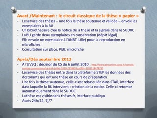 Avant /Maintenant : le circuit classique de la thèse « papier »
- Le service des thèses – une fois la thèse soutenue et validée – envoie les
  exemplaires à la BU
- Un bibliothécaire créé la notice de la thèse et la signale dans le SUDOC
- La BU garde deux exemplaires en conservation (dépôt légal)
- Elle envoie un exemplaire à l’ANRT (Lille) pour la reproduction en
  microfiches
- Consultation sur place, PEB, microfiche

Après/Dès septembre 2013
- A l’UVSQ : décision du CS du 6 juillet 2010 : http://www.personnels.uvsq.fr/conseils-
   comites-commissions/cs-du-6-juillet-2010-231869.kjsp?RH=1201518478293
- Le service des thèses entre dans la plateforme STEP les données des
  doctorants qui ont une thèse en cours de préparation
- Une fois la thèse soutenue, celle-ci est rebasculée dans STAR, interface
  dans laquelle la BU intervient : création de la notice. Celle-ci retombe
  automatiquement dans le SUDOC
- La thèse est visible dans thèses.fr, interface publique
- Accès 24h/24, 7j/7
 