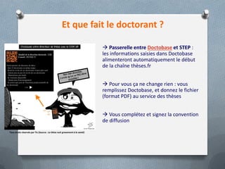Et que fait le doctorant ?

                                                                              Passerelle entre Doctobase et STEP :
                                                                             les informations saisies dans Doctobase
                                                                             alimenteront automatiquement le début
                                                                             de la chaîne thèses.fr


                                                                              Pour vous ça ne change rien : vous
                                                                             remplissez Doctobase, et donnez le fichier
                                                                             (format PDF) au service des thèses


                                                                              Vous complétez et signez la convention
                                                                             de diffusion
Tous droits réservés par Tis (Source : La thèse nuit gravement à la santé)
 