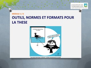 MODULE 1 / 6

OUTILS, NORMES ET FORMATS POUR
LA THESE




               Tous droits réservés par Tis (Source : La thèse nuit gravement à la santé)
 