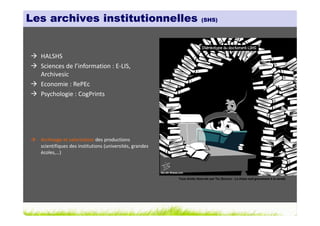 Les archives institutionnelles                                          (SHS)




  HALSHS
  Sciences de l’information : E-LIS,
  Archivesic
  Economie : RePEc
  Psychologie : CogPrints




  Archivage et valorisation des productions
  scientifiques des institutions (universités, grandes
  écoles,…)



                                                         Tous droits réservés par Tis (Source : La thèse nuit gravement à la santé)
 