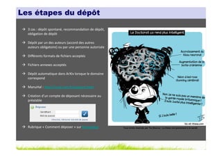 Les étapes du dépôt

  3 cas : dépôt spontané, recommandation de dépôt,
  obligation de dépôt

  Dépôt par un des auteurs (accord des autres
  auteurs obligatoire) ou par une personne autorisée

  Différents formats de fichiers acceptés

  Fichiers annexes acceptés

  Dépôt automatique dans ArXiv lorsque le domaine
  correspond

  ManuHal : http://ccsd.cnrs.fr/support.html

  Création d’un compte de déposant nécessaire au
  préalable




  Rubrique « Comment déposer » sur Formadoct           Tous droits réservés par Tis (Source : La thèse nuit gravement à la santé)
 