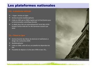 Les plateformes nationales
HAL : la plateforme nationale

    = Hyper Articles en Ligne
    Archive Ouverte multidisciplin...