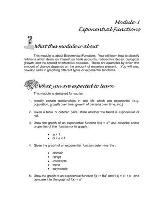 Module 1
Exponential Functions
What this module is about
This module is about Exponential Functions. You will learn how to classify
relations which deals on Interest on bank accounts, radioactive decay, biological
growth, and the spread of infectious diseases. These are examples by which the
amount of change depends on the amount of materials present. You will also
develop skills in graphing different types of exponential functions.
What you are expected to learn
This module is designed for you to:
1. Identify certain relationships in real life which are exponential (e.g.
population, growth over time, growth of bacteria over time, etc.)
2. Given a table of ordered pairs, state whether the trend is exponential or
not.
3. Draw the graph of an exponential function f(x) = ax
and describe some
properties of the function or its graph.
• a > 1
• 0 < a < 1
4. Given the graph of an exponential function determine the :
• domain
• range
• intercepts
• trend
• asymptote
5. Draw the graph of an exponential function f(x) = Bax
and f(x) = ax
+ c and
compare it to the graph of f(x) = ax
 