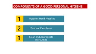 1 Hygienic Hand Practices
2 Personal Cleanliness
3 Clean and Appropriate
Work Attire
COMPONENTS OF A GOOD PERSONAL HYGIENE
 
