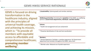 1
5
GEMS HWSS SERVICE RATIONALE
5
 Promoting the reputation of the GEMS as a wellbeing partner to Government departments,
individuals and their families
1. Promoting the reputation of the GEMS as a wellbeing partner to Government
departments, individuals and their families
 Membership growth (acquisition and retention)
GEMS is focused on driving
transformation in the
healthcare industry, aligned
with the principles of
universal health coverage,
and achieving its mission,
which is: “To provide all
members with equitable
access to affordable and
comprehensive healthcare;
promoting member
wellbeing”.
1.Sustainability: Scheme growth and member retention
Wellbeing partnership: Promoting the reputation of the GEMS as a wellbeing
partner to Government departments, individuals and their families
Scheme:
* Health risk management and cost containment
* Proactive identification of risks and Care coordination
Members:
* Service Experience: Facilitate a seamless experience for Government
department and members throughout the GEMS value chain
* Member value: Reduced out of pocket experience
 