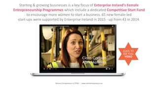 Women Entrepreneurs in STEM | www.stementrepreneurs.eu
Starting & growing businesses is a key focus of Enterprise Ireland's Female
Entrepreneurship Programmes which include a dedicated Competitive Start Fund
to encourage more women to start a business. 61 new female-led
start-ups were supported by Enterprise Ireland in 2015 - up from 43 in 2014.
CLICK TO
SEE FULL
VIDEO
 